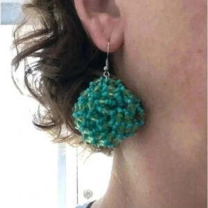 Teal Green Rainbow Flower Seed Bead Handmade Drop Earrings